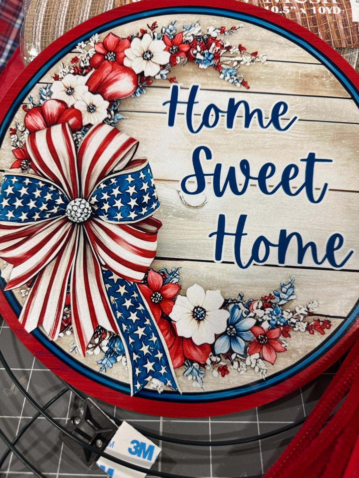 Patriotic Highland Cow Welcome Wreath Kit, mesh diy wreath kit, 4th of July sign & ribbon kit, Craft supplies to make your own wreath