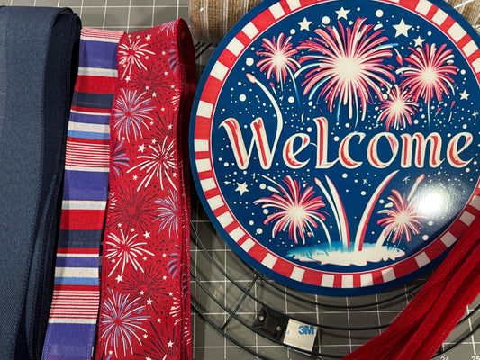 Patriotic Floral Welcome Wreath Kit, mesh diy wreath kit, 4th of July sign & ribbon kit, Craft supplies to make your own wreath