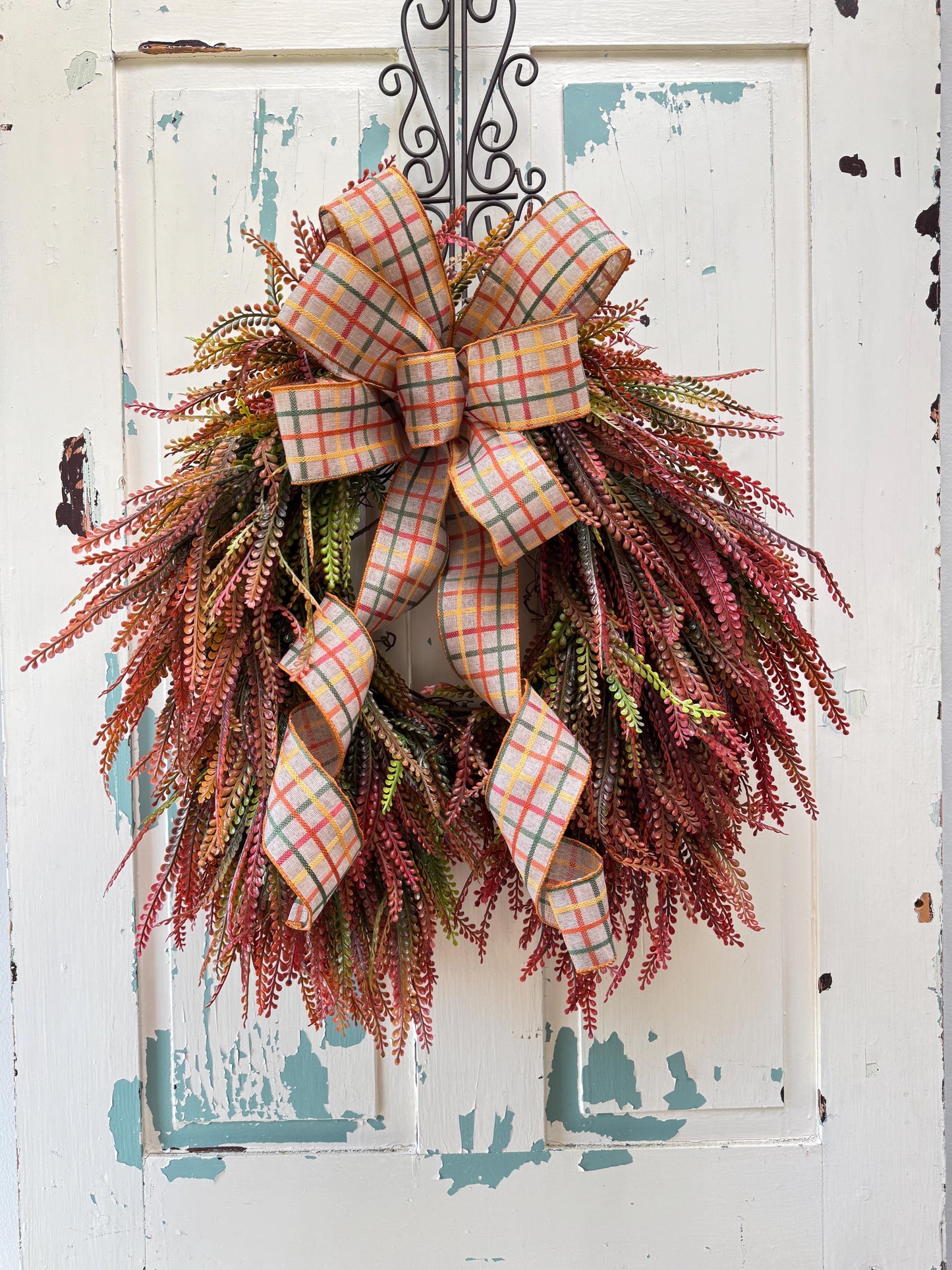 Fall Beaded Grass Fern Wreath with Plaid Bow, Autumn Front Door Decor, Farmhouse Fall Fern Wreath, Thanksgiving Wreath, Rustic Harvest Decor