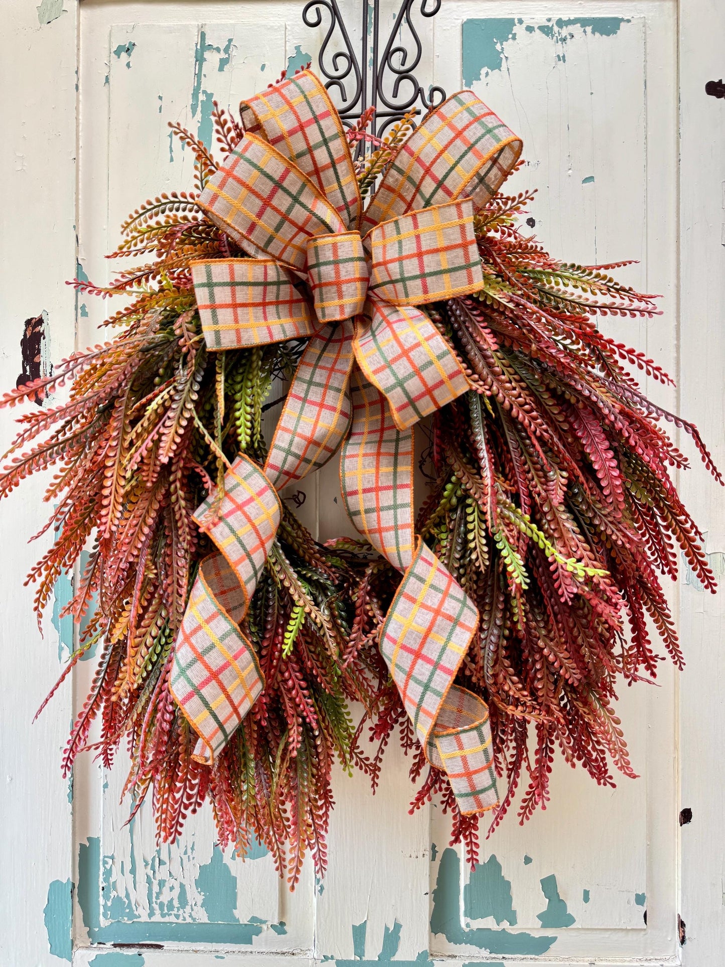 Fall Beaded Grass Fern Wreath with Plaid Bow, Autumn Front Door Decor, Farmhouse Fall Fern Wreath, Thanksgiving Wreath, Rustic Harvest Decor