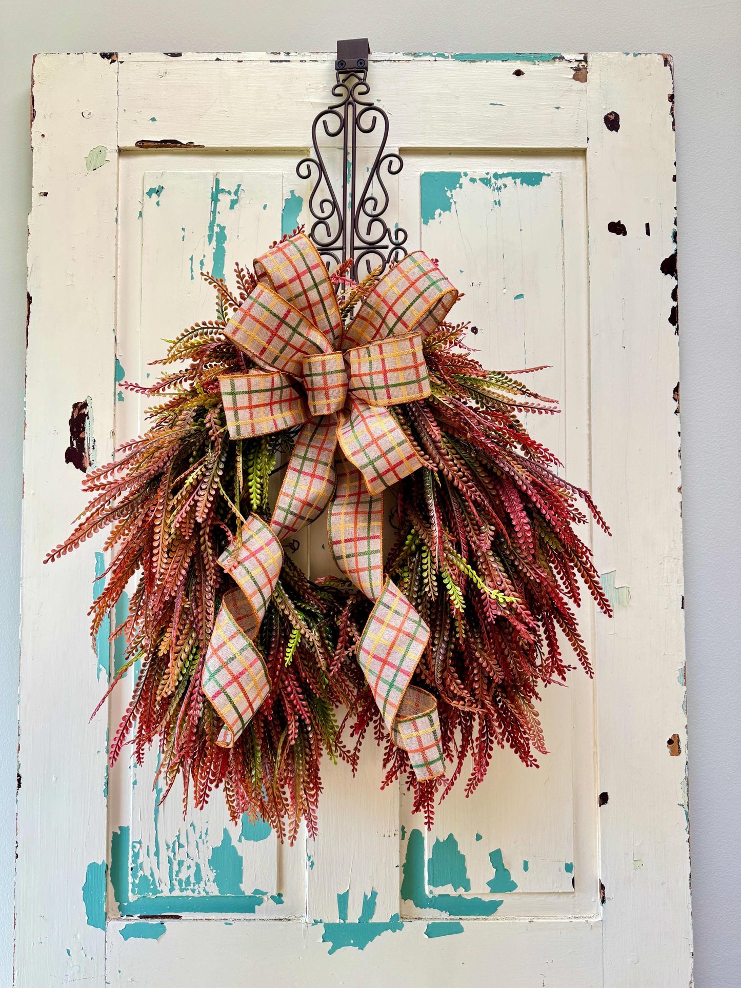 Fall Beaded Grass Fern Wreath with Plaid Bow, Autumn Front Door Decor, Farmhouse Fall Fern Wreath, Thanksgiving Wreath, Rustic Harvest Decor