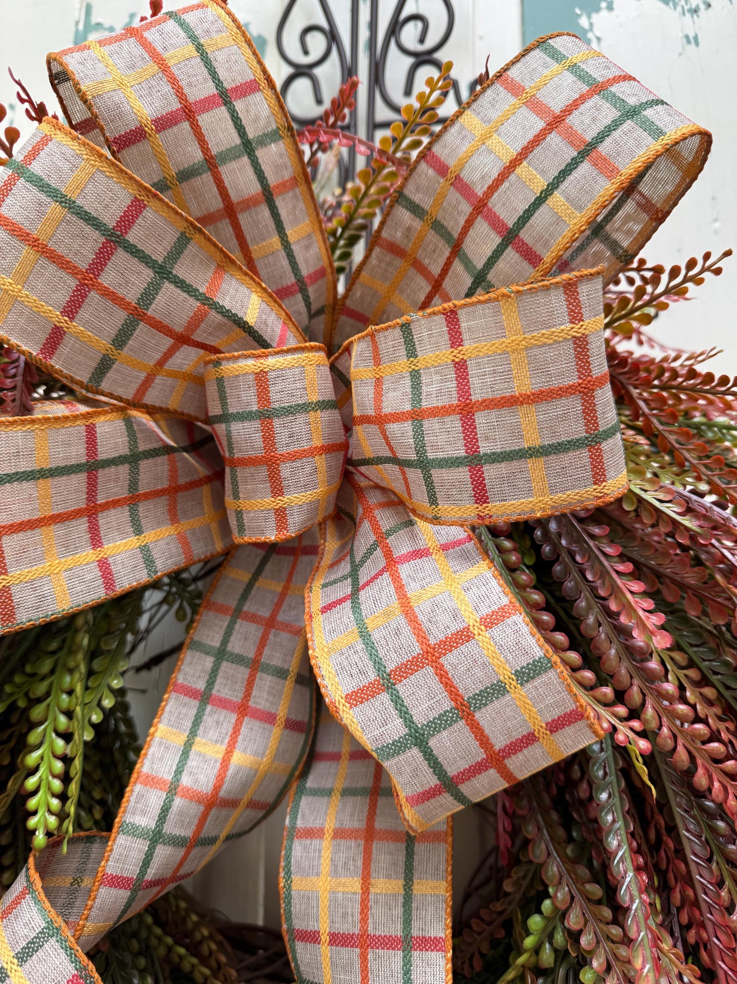 Fall Beaded Grass Fern Wreath with Plaid Bow, Autumn Front Door Decor, Farmhouse Fall Fern Wreath, Thanksgiving Wreath, Rustic Harvest Decor