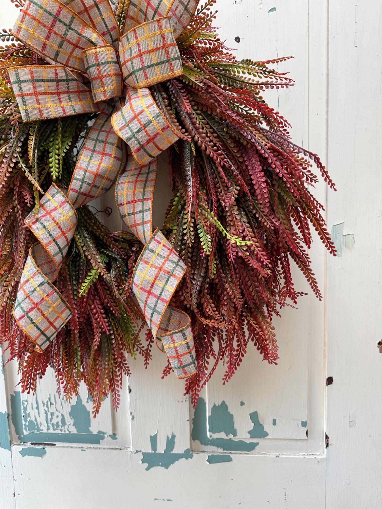 Fall Beaded Grass Fern Wreath with Plaid Bow, Autumn Front Door Decor, Farmhouse Fall Fern Wreath, Thanksgiving Wreath, Rustic Harvest Decor