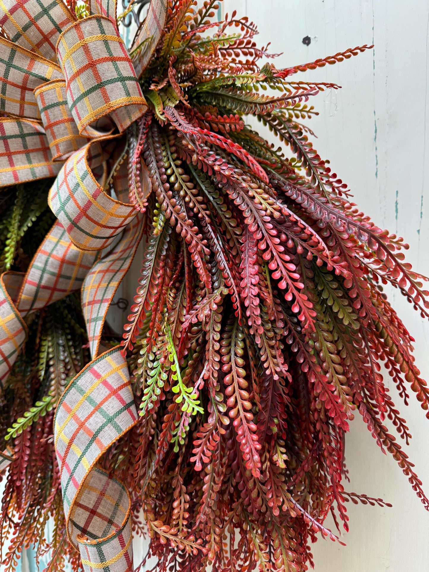 Fall Beaded Grass Fern Wreath with Plaid Bow, Autumn Front Door Decor, Farmhouse Fall Fern Wreath, Thanksgiving Wreath, Rustic Harvest Decor