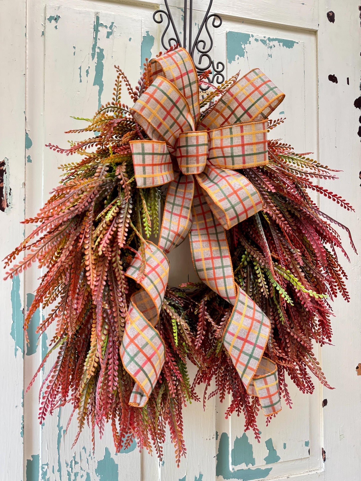 Fall Beaded Grass Fern Wreath with Plaid Bow, Autumn Front Door Decor, Farmhouse Fall Fern Wreath, Thanksgiving Wreath, Rustic Harvest Decor