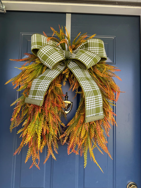 Fall Beaded Grass Fern Wreath with Plaid Bow