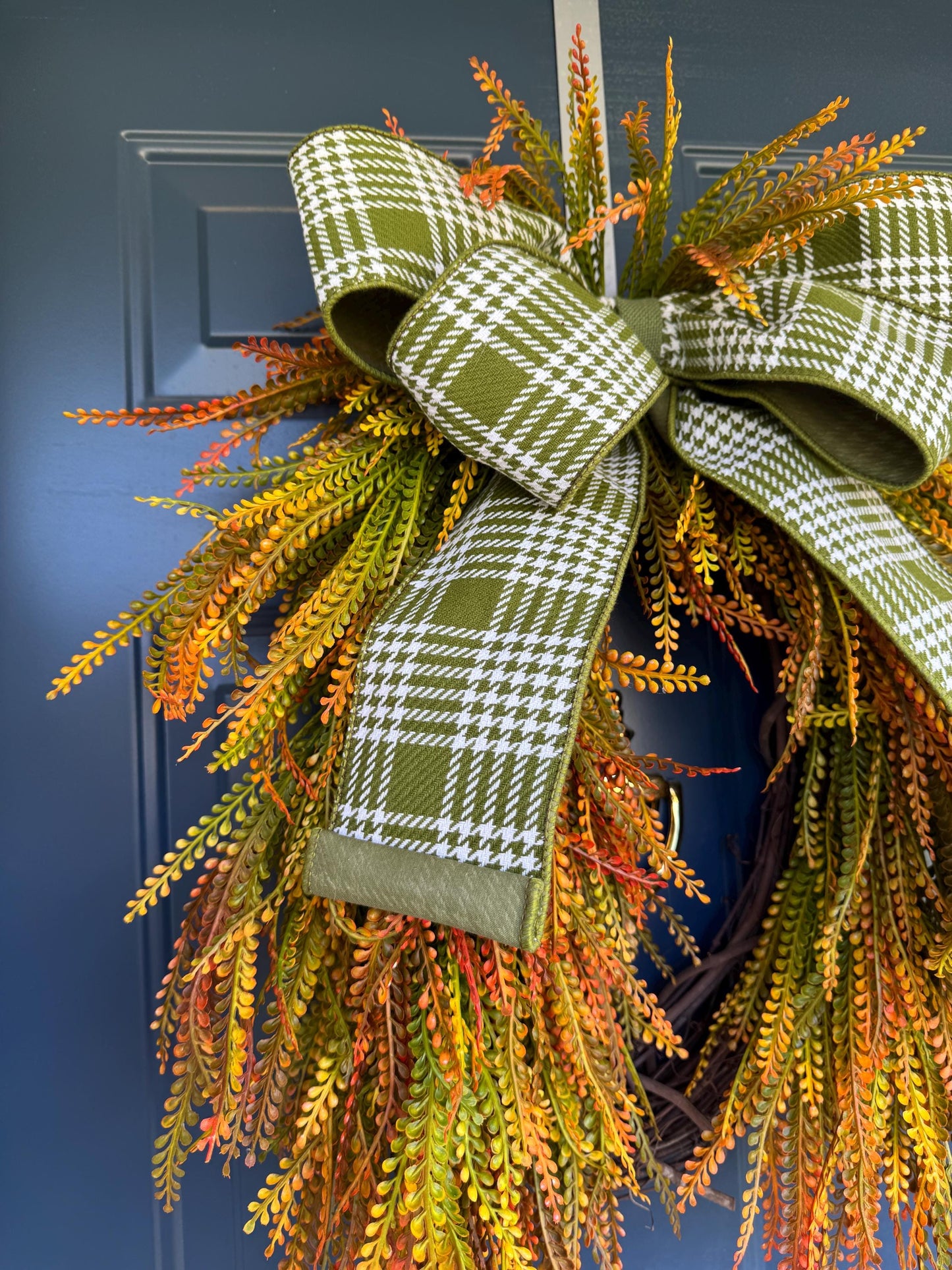 Fall Beaded Grass Fern Wreath with Plaid Bow