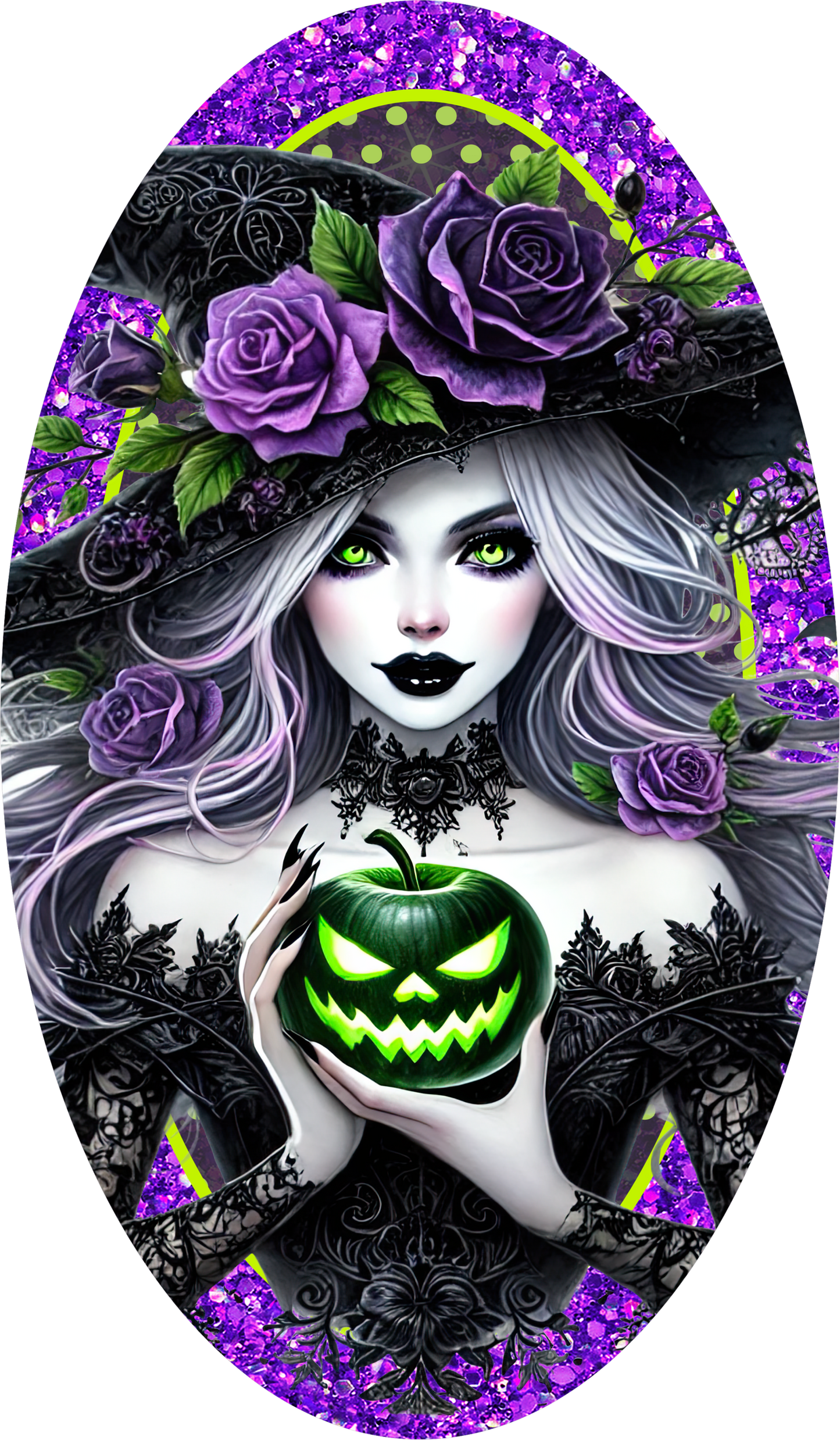 Purple Green Witch Jack O'Lantern Oval Wreath Sign
