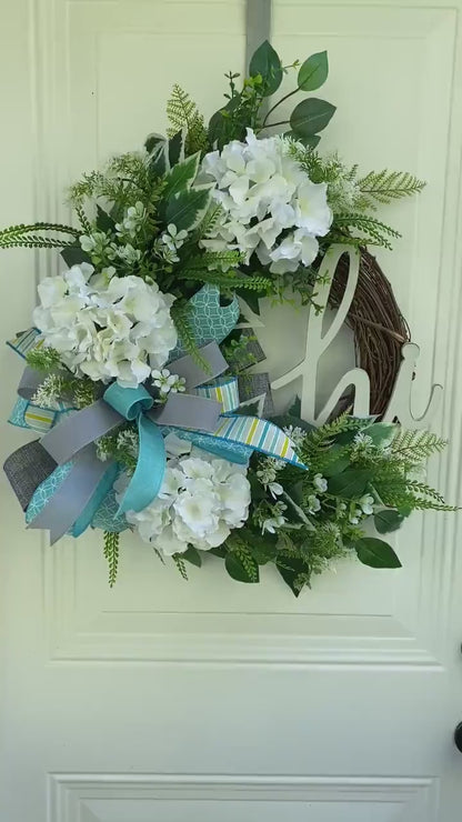 Every Day Wreath for Front Door, Blue Gray and White Hydrangea Wreath with Hi Sign,