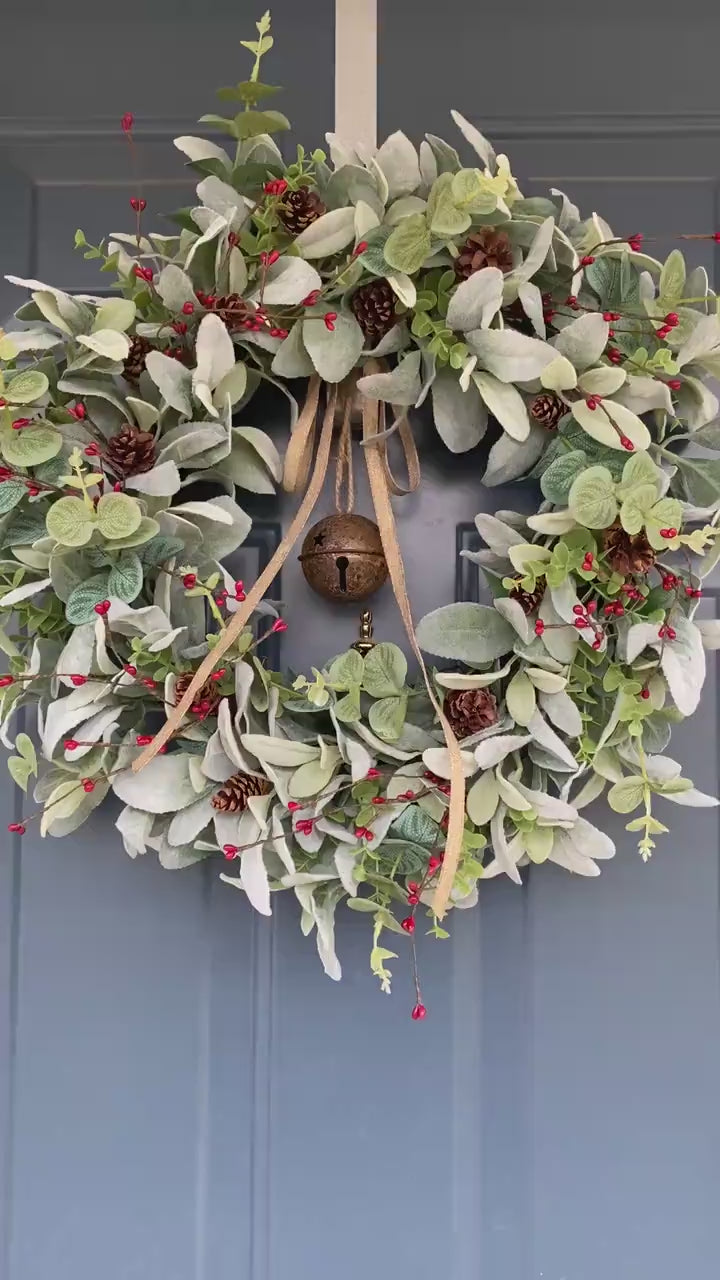 Winter Bell Door Wreath with Berries and Pine Cones, Christmas Rusty Jingle Bell Lambs Ear Eucalyptus Rustic Wreath, Minimalist Farmhouse