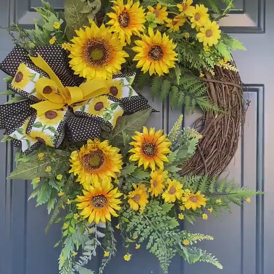 Yellow Summer Sunflower and Wildflower Wreath, Sunflower Porch Decor, Grapevine Door Hanger for Front Door, Mother's Day Gift idea