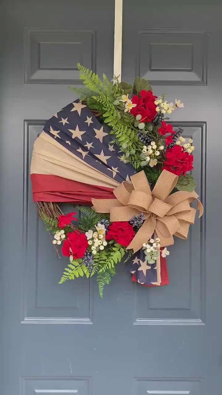 Flag Wreath, Patriotic Floral Grapevine Wreath, 4th of July Wreath, Primitive Americana Wreath, Stars and Stripes Doorhanger