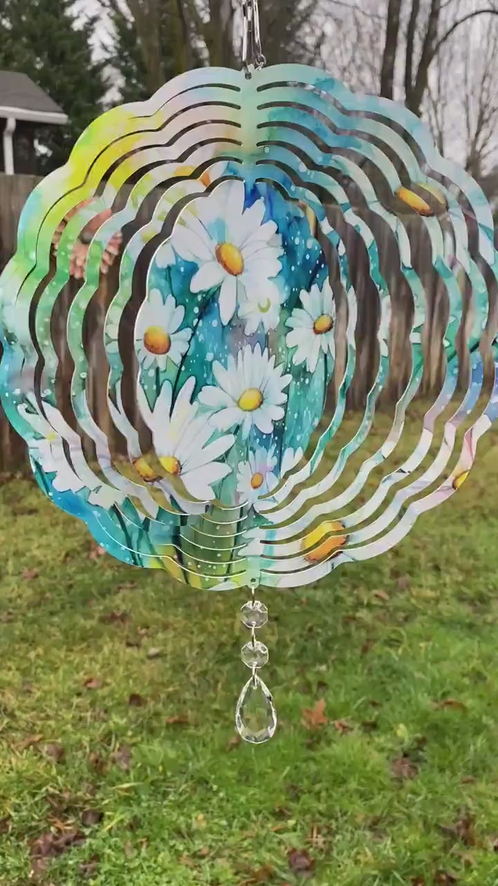 Daisy Wind Spinner, Hanging Bright Colored Summer Flower Wind Sun Catcher, Twirling Outdoor Gifts, Watercolor Daisies Gift for Gardener