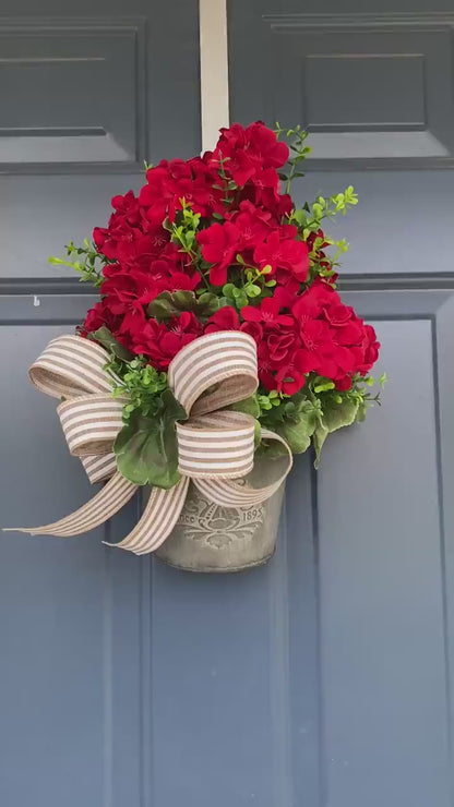 Summer Red Geranium Door Bucket Wreath for Front Door, Rustic Red Geranium Wreath, Red Geranium Boxwood Porch Arrangement, Hanging Basket