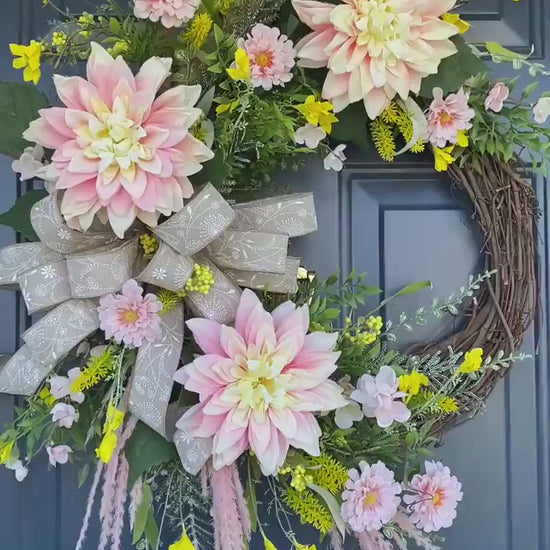 Pink Yellow Dahlia and Wildflower Floral Wreath, Boho Spring Summer Decorative Door Decorations,  Country Cottage Garden Mothers Day Gift
