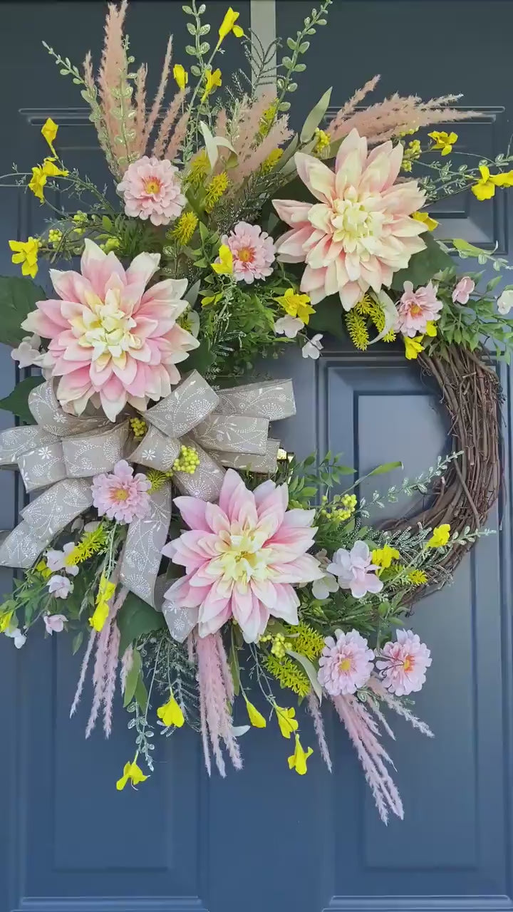 Pink Yellow Dahlia and Wildflower Floral Wreath, Boho Spring Summer Decorative Door Decorations,  Country Cottage Garden Mothers Day Gift