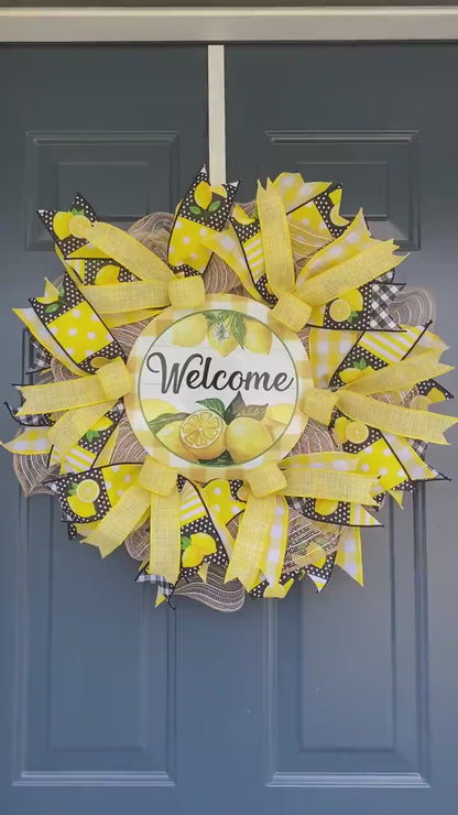 Lemon Welcome Wreath for Front Door, Summer Lemon Kitchen Decor, Lemon Porch Decor, Yellow and White Door Hanger