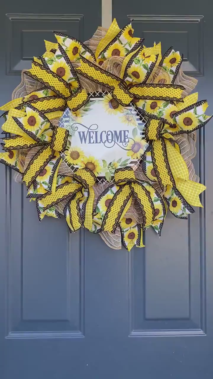 Slim Sunflower Wreath for your Front Door, Yellow and Black Sunflower Welcome Wreath