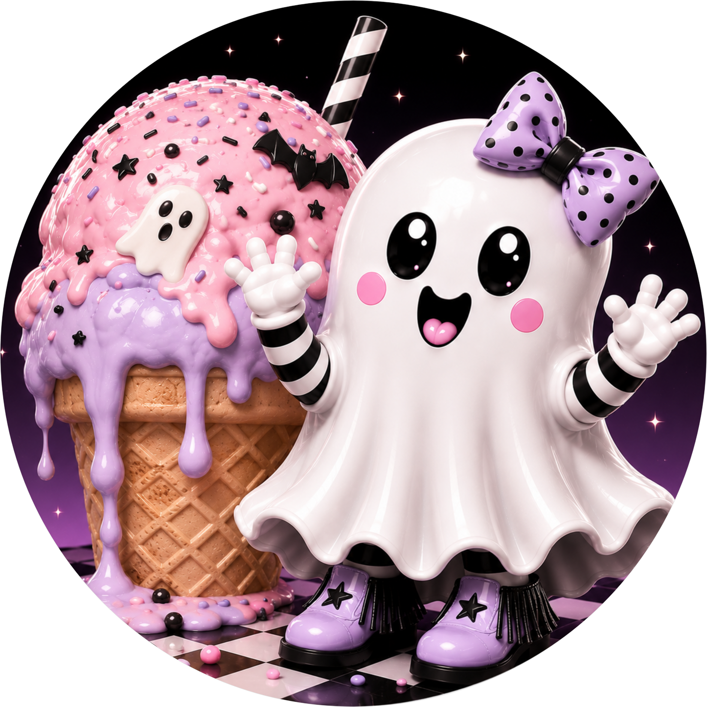 Ghost with Ice Cream Cone Round Wreath Sign