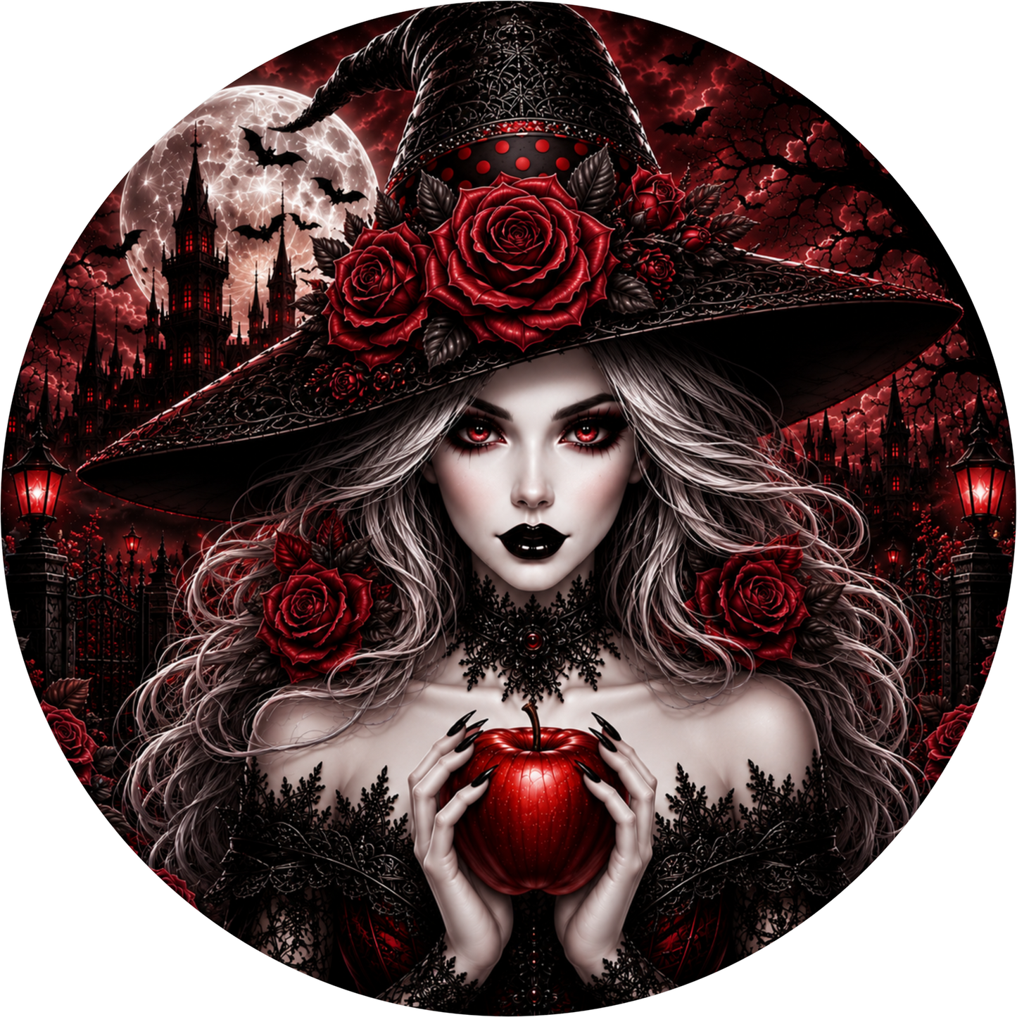 Red Glam Witch Red Apple Round Wreath Sign