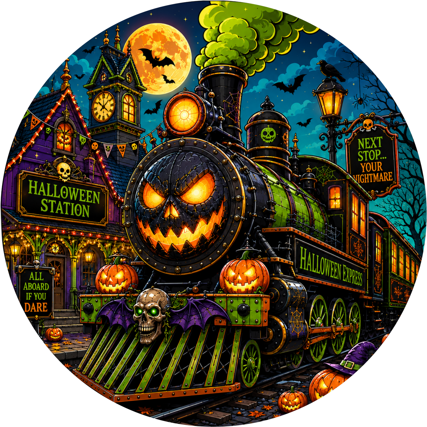 Train in Station Round Wreath Sign
