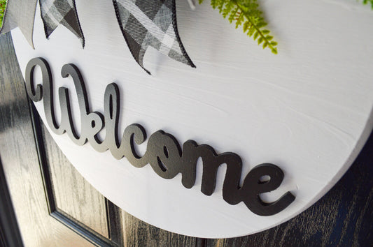 Solid Wood Modern White Welcome Sign for Front Door or Porch, Minimalist Wooden Welcome Door Hanger, Black and White Outdoor Plaque