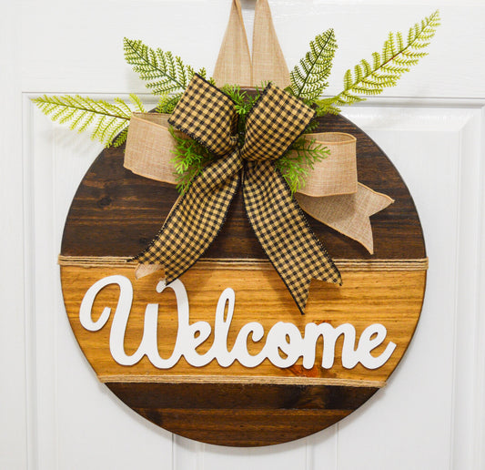 Wood Welcome Door Hanger, 18" Brown Stained Welcome for Front Door