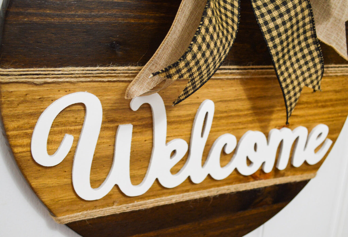 Wood Welcome Door Hanger, 18" Brown Stained Welcome for Front Door