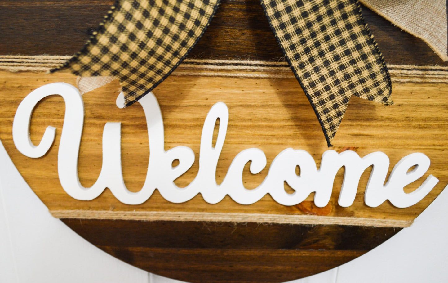 Wood Welcome Door Hanger, 18" Brown Stained Welcome for Front Door