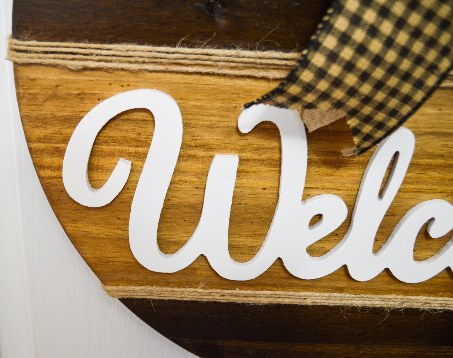 Wood Welcome Door Hanger, 18" Brown Stained Welcome for Front Door