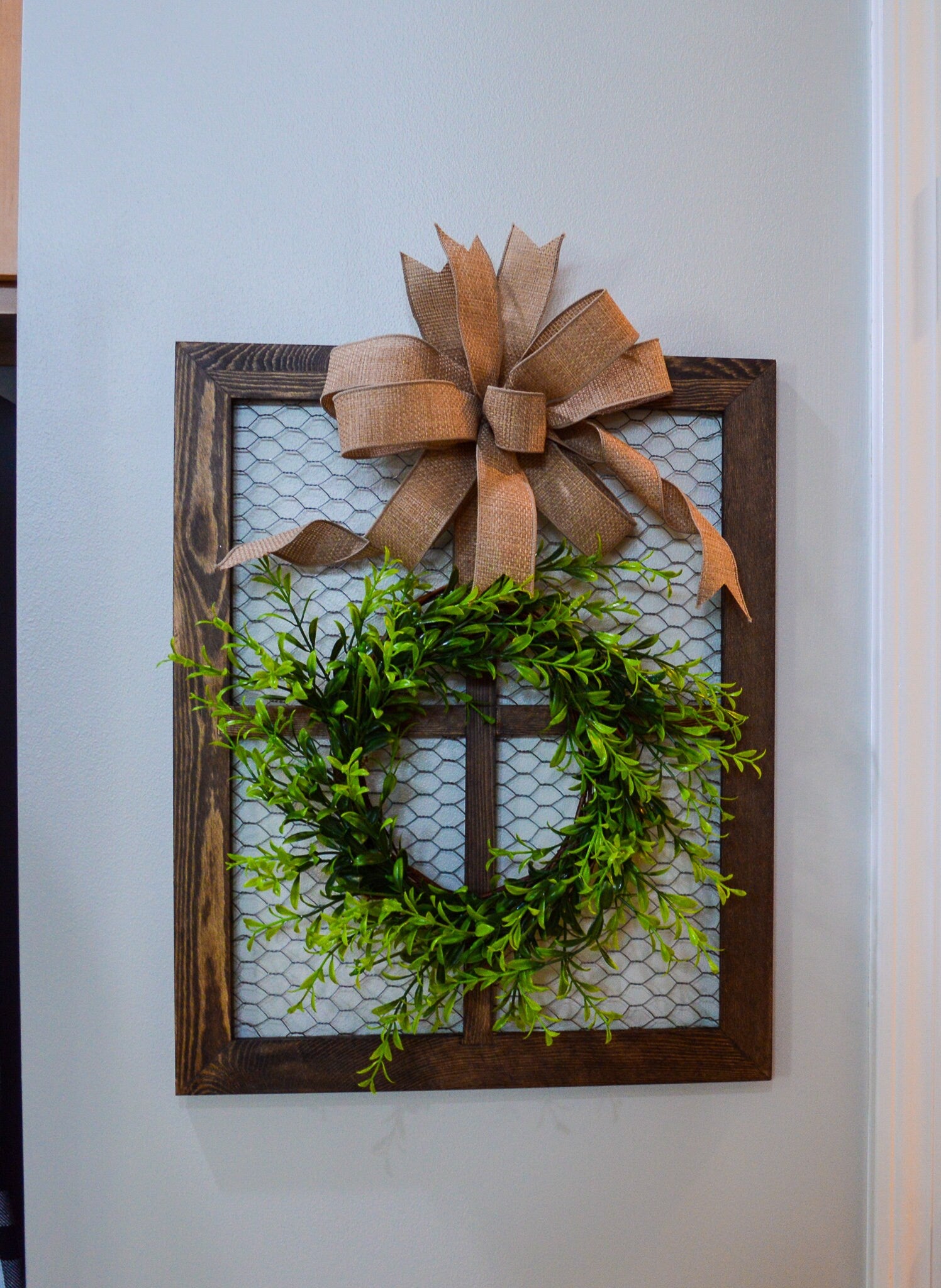 Chicken Wire Frame with Boxwood Wreath, Farmhouse Kitchen Decoration, Gallery Wall Hanging