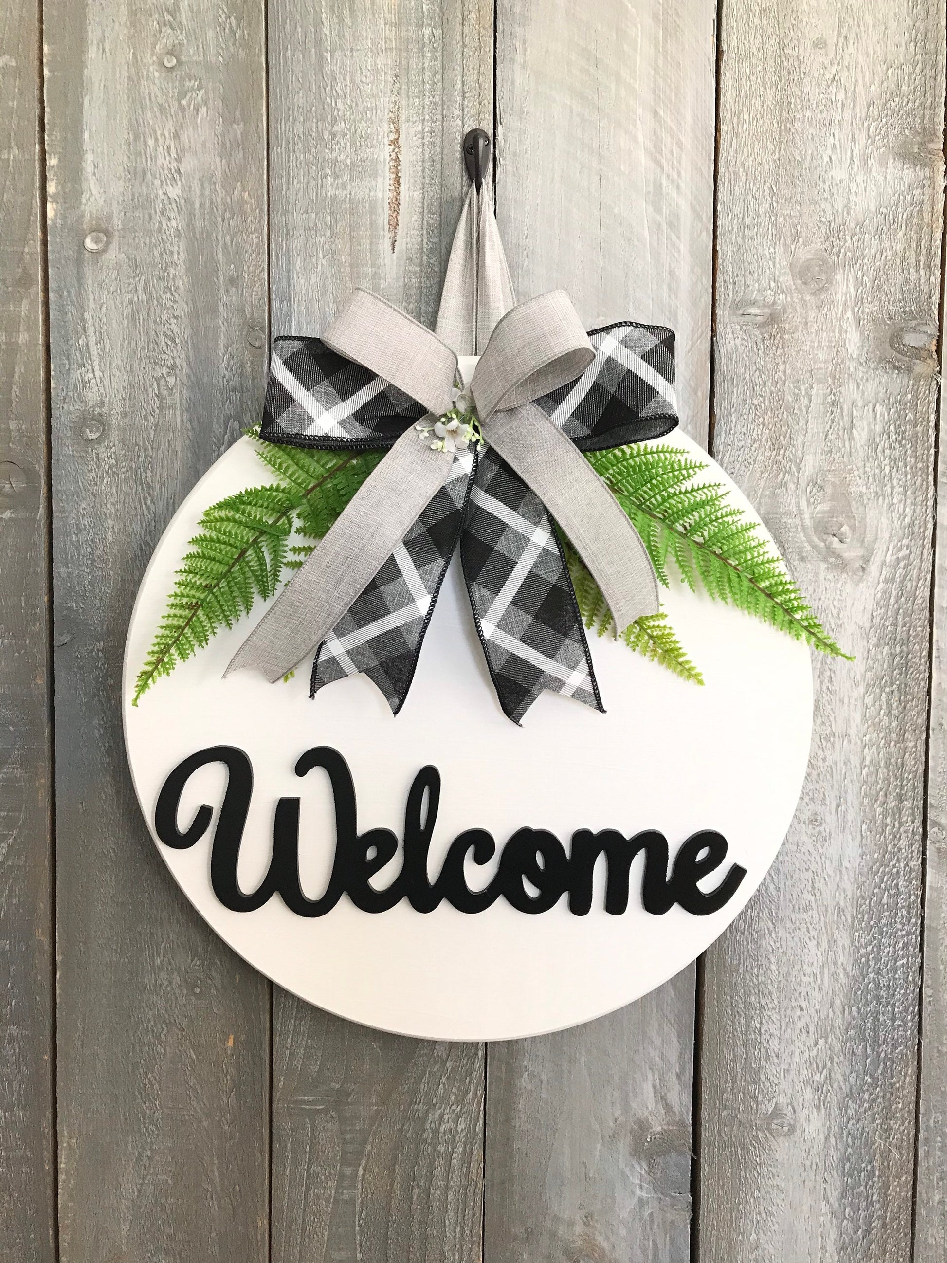 Solid Wood Modern White Welcome Sign for Front Door or Porch, Minimalist Wooden Welcome Door Hanger, Black and White Outdoor Plaque