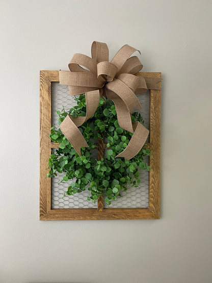 Chicken Wire Frame with Eucalyptus Wreath, Farmhouse Kitchen Wall Hanging, Rustic Gallery Wall Decor