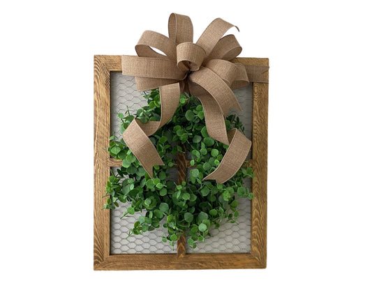 Chicken Wire Frame with Eucalyptus Wreath, Farmhouse Kitchen Wall Hanging, Rustic Gallery Wall Decor