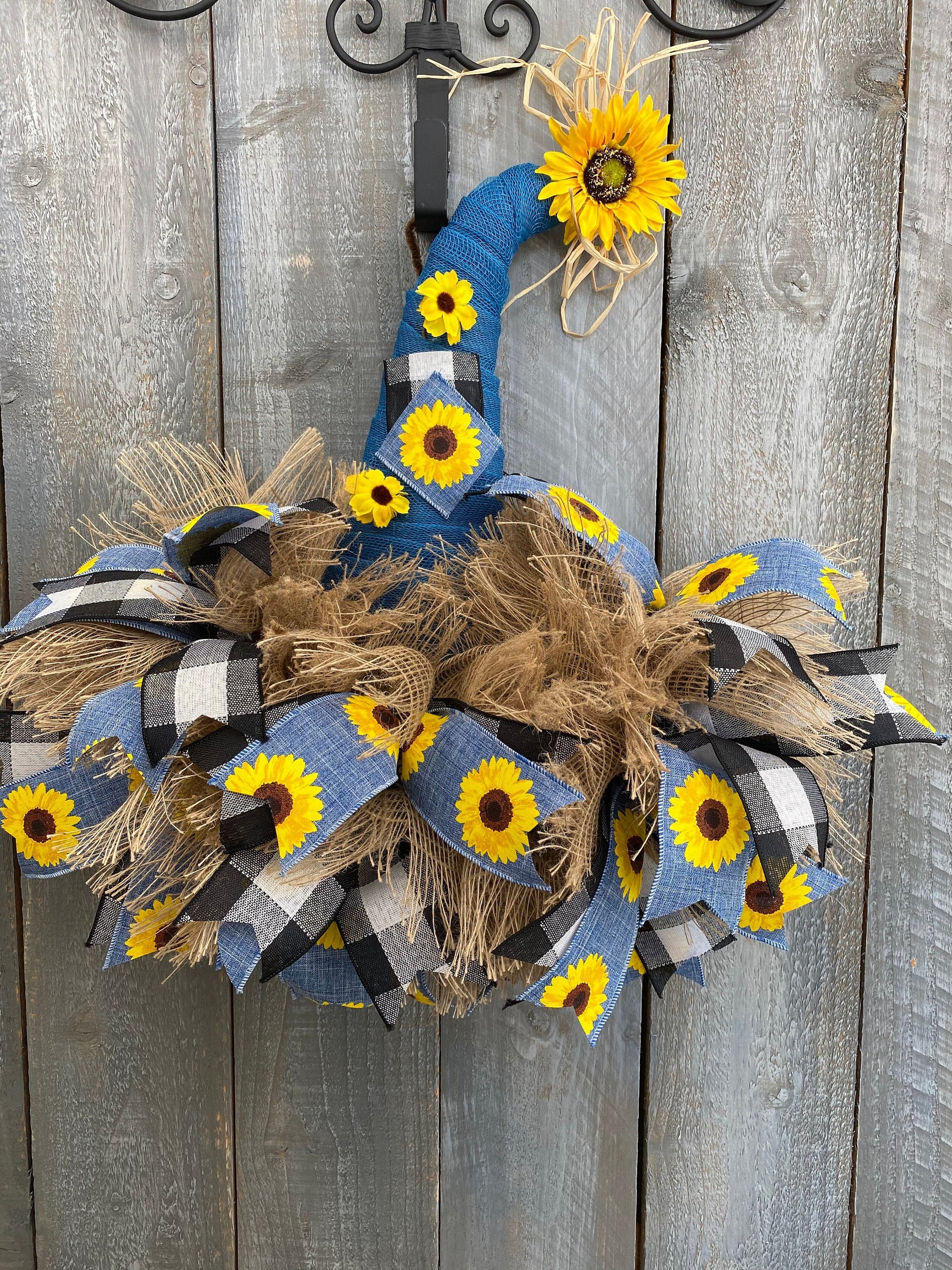 Scarecrow Hat Wreath For Front Door, Buffalo Black and White Plaid Fall Door Wreath, Sunflower Door Hanger