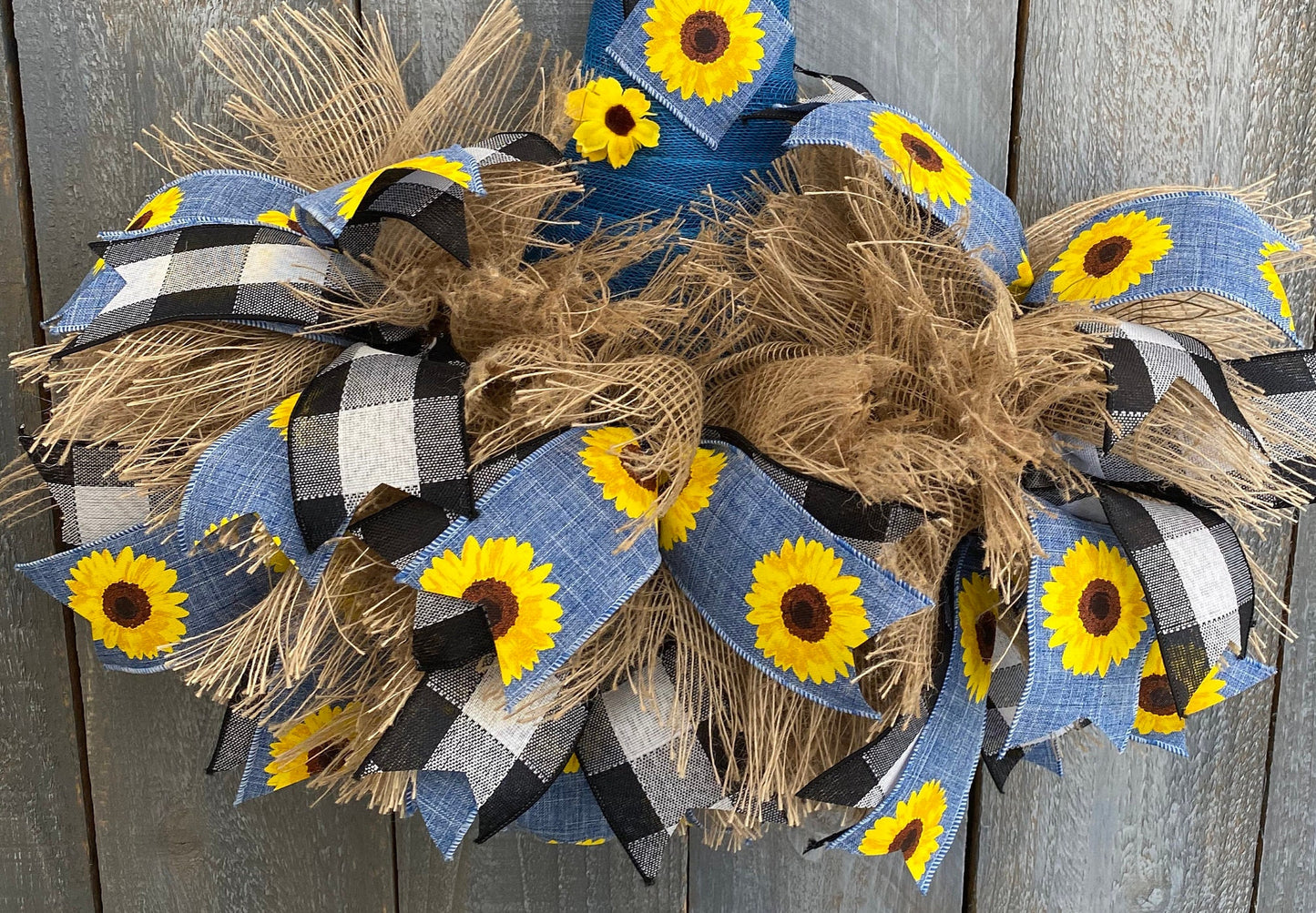 Scarecrow Hat Wreath For Front Door, Buffalo Black and White Plaid Fall Door Wreath, Sunflower Door Hanger