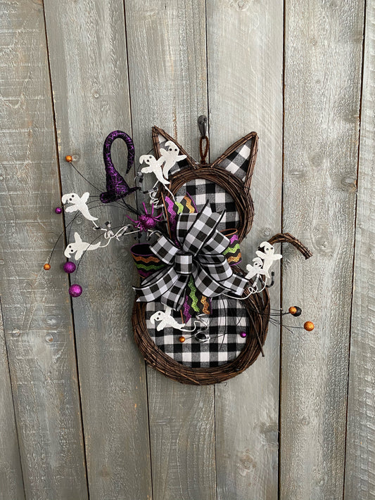 Halloween Cat Grapevine Wreath For Front Door, Buffalo Check Halloween Door Hanger, Cat Shaped Grapevine Wreath