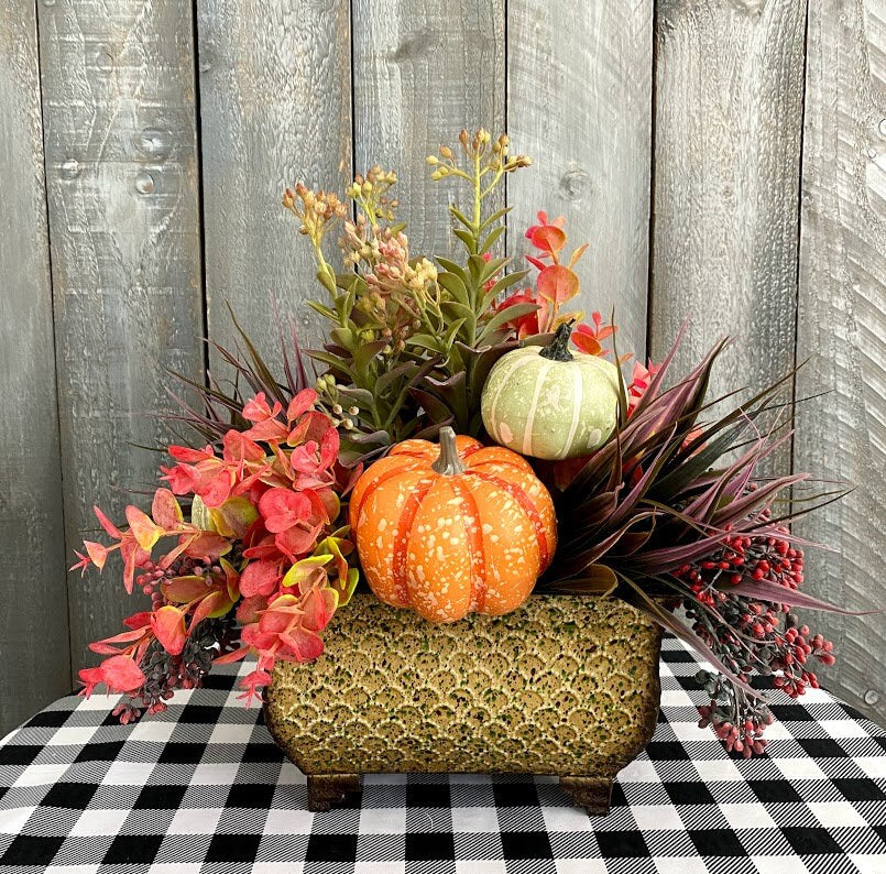 Fall Centerpiece with Pumpkins and Succulents, Thanksgiving Floral Arrangement, Autumn Kitchen Dining Decor