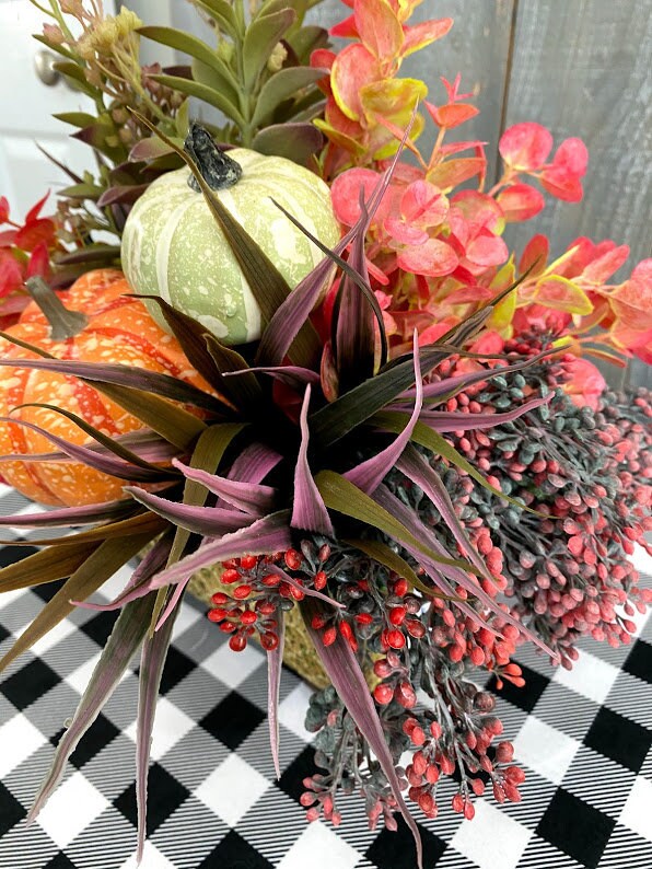 Fall Centerpiece with Pumpkins and Succulents, Thanksgiving Floral Arrangement, Autumn Kitchen Dining Decor
