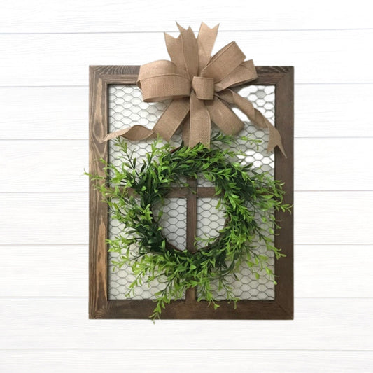 Chicken Wire Frame with Boxwood Wreath, Farmhouse Kitchen Decoration, Gallery Wall Hanging