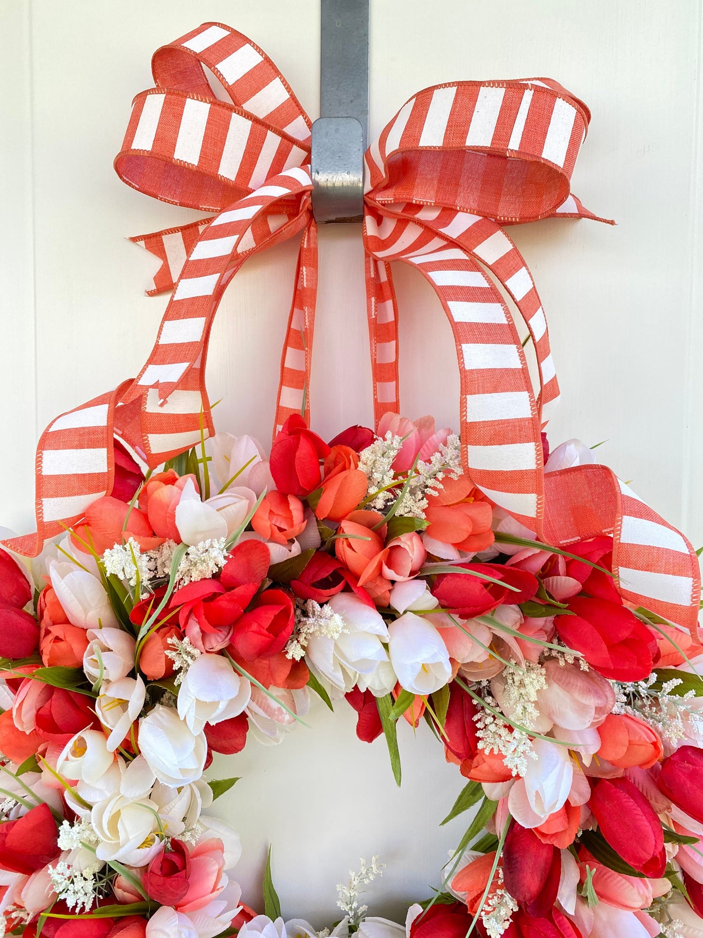 Red Coral and White Tulip Wreath for Front Door, Door Hanger Spring Decoration, Interior Foyer or Above Mantel Wall Décor Mantle