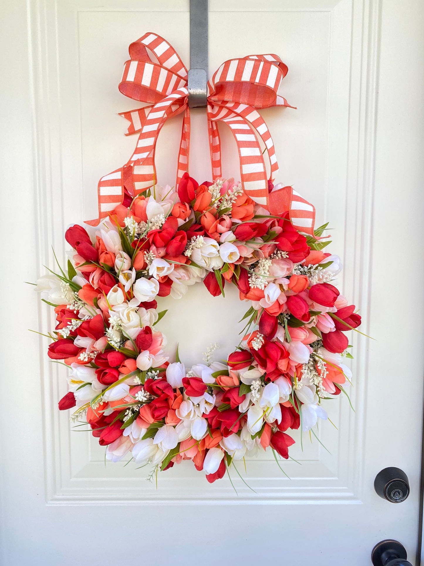 Red Coral and White Tulip Wreath for Front Door, Door Hanger Spring Decoration, Interior Foyer or Above Mantel Wall Décor Mantle