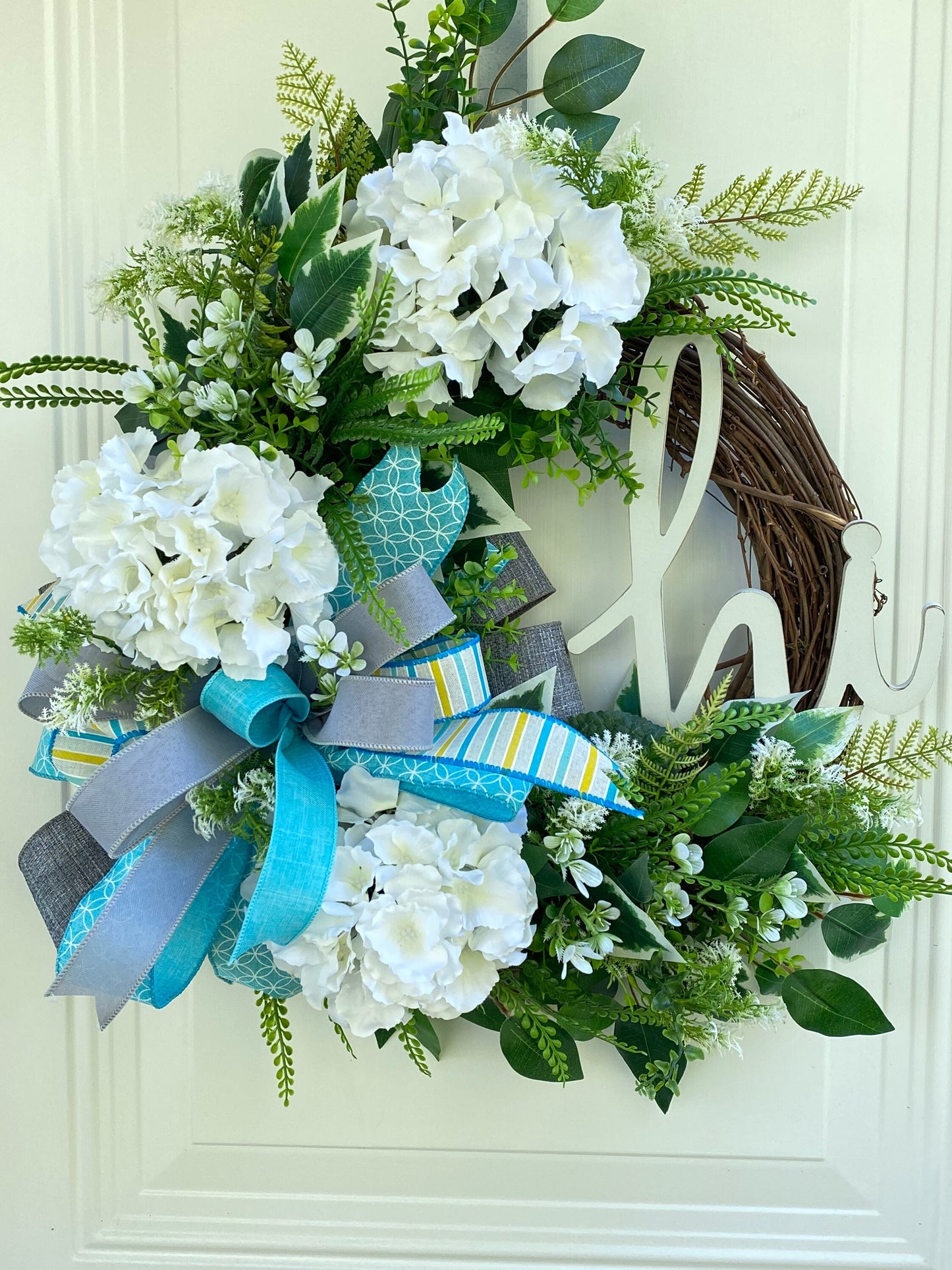 Every Day Wreath for Front Door, Blue Gray and White Hydrangea Wreath with Hi Sign,