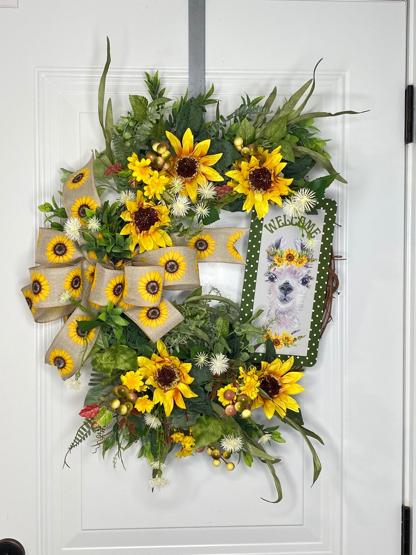 Welcome Sunflower Wreath, Llama Welcome Everyday Wreath for Front Door, Farmhouse Welcome Door Hanger, Llama Decor,