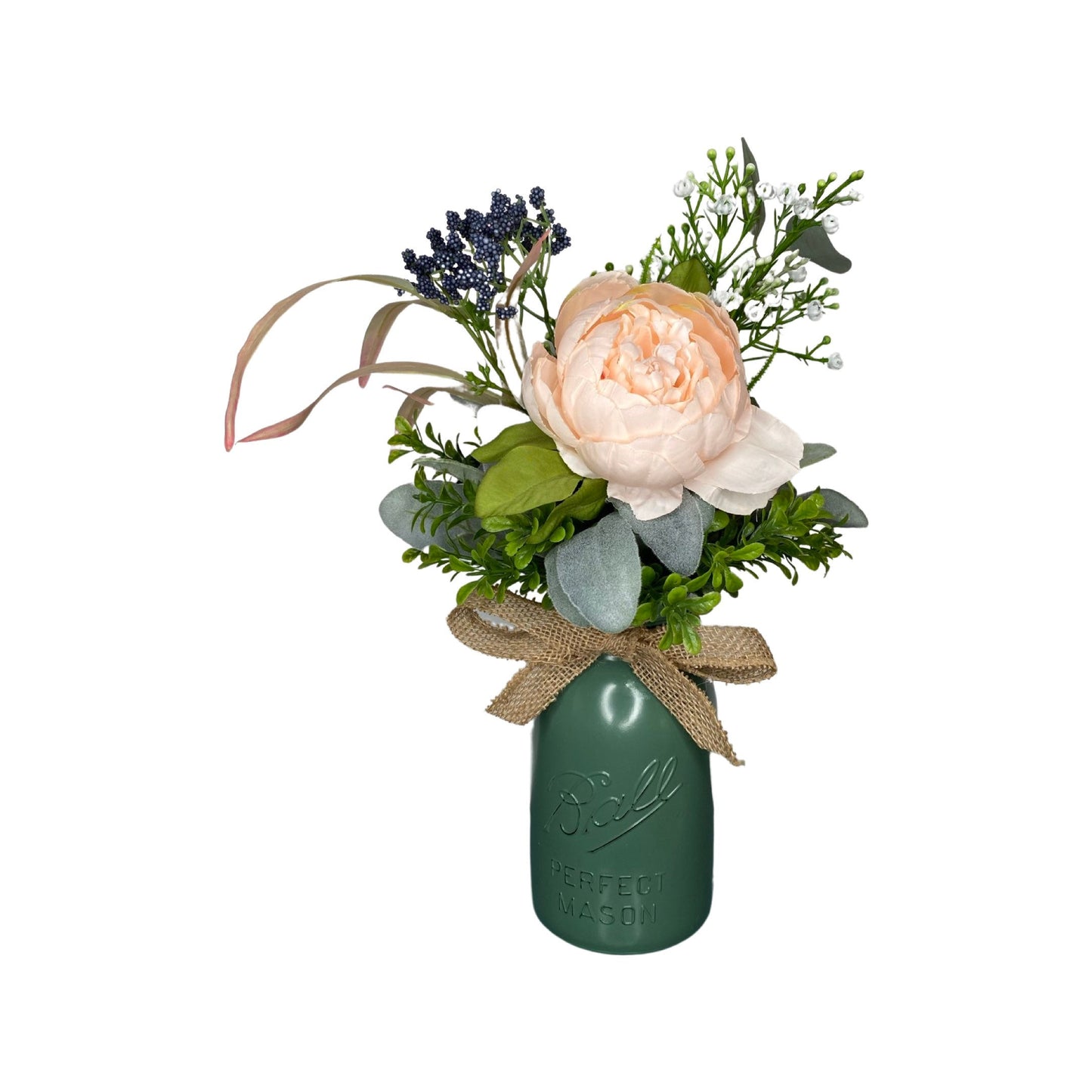 Rustic Mason Jar Floral Arrangement, Blush Peony and Lambs Ear Year Round Floral Centerpiece, Kitchen Counter Farmhouse Decoration