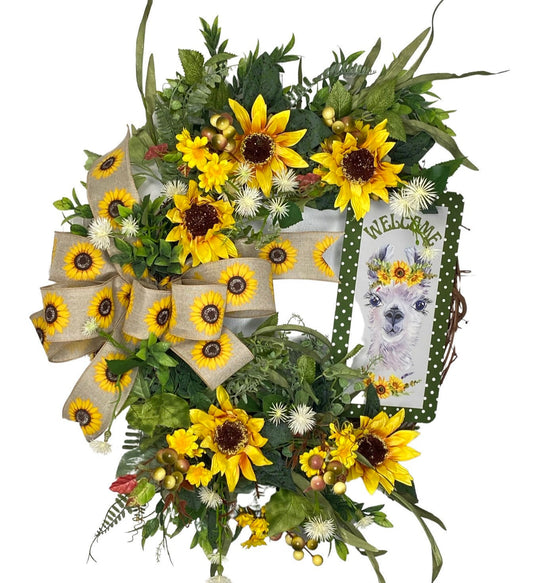 Welcome Sunflower Wreath, Llama Welcome Everyday Wreath for Front Door, Farmhouse Welcome Door Hanger, Llama Decor,