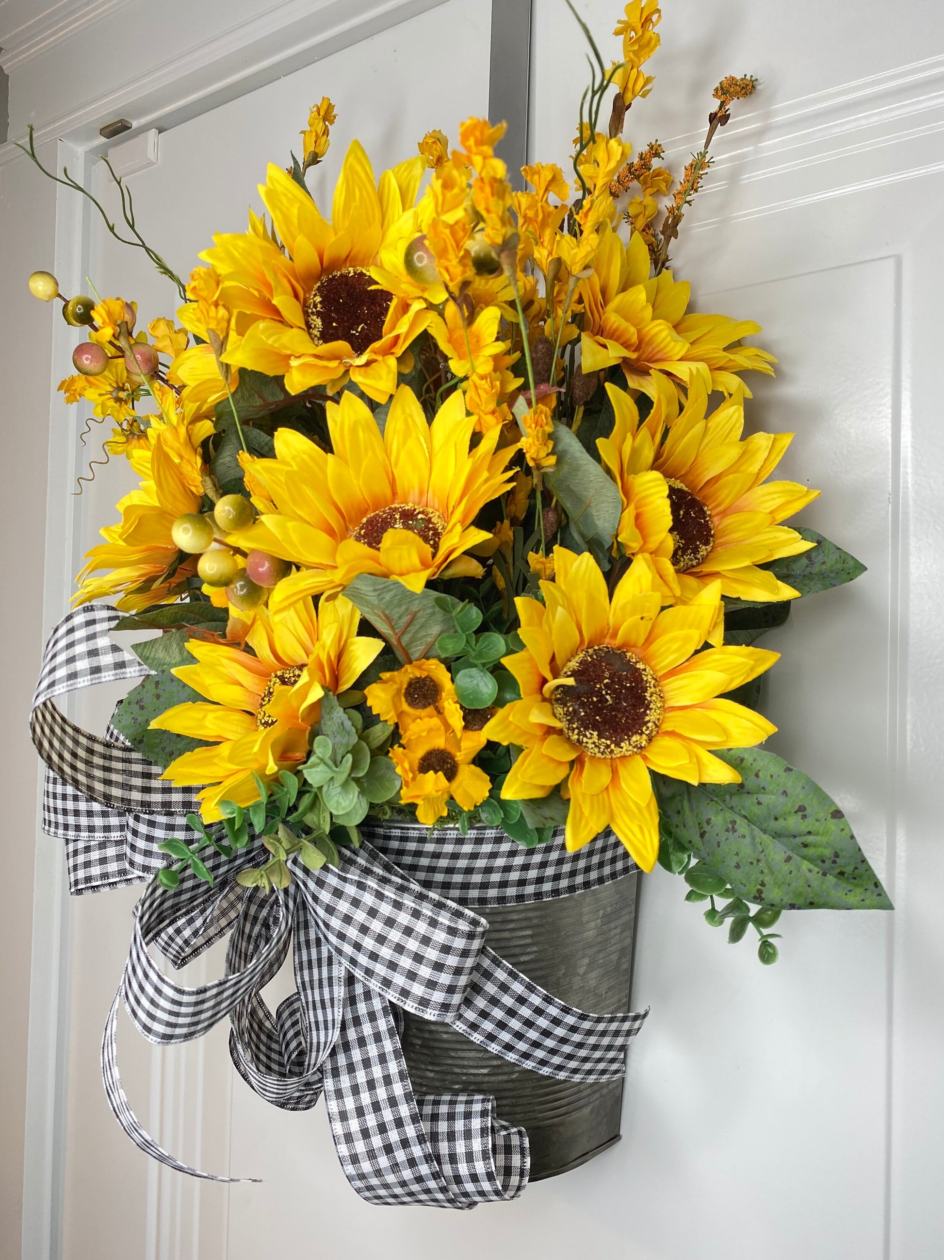 Sunflower Wreath Bucket Floral Arrangement Fall front door decor, apartment farmhouse Decor Door Basket, Housewarming gift for newlyweds