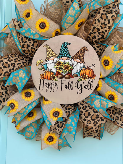 Fall Wreath for Front Door, Gnome Wreath, Fall Leopard Wreath, Autumn Sunflower Wreath, Happy Fall Y'all, Teal Aqua Outdoor Decoration