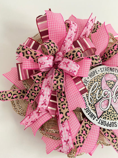 Breast Cancer Awareness Pink Wreath, Cancer Fighter Warrior Survivor Gift, Pink Cheetah Fight Cancer Hope Door Decor
