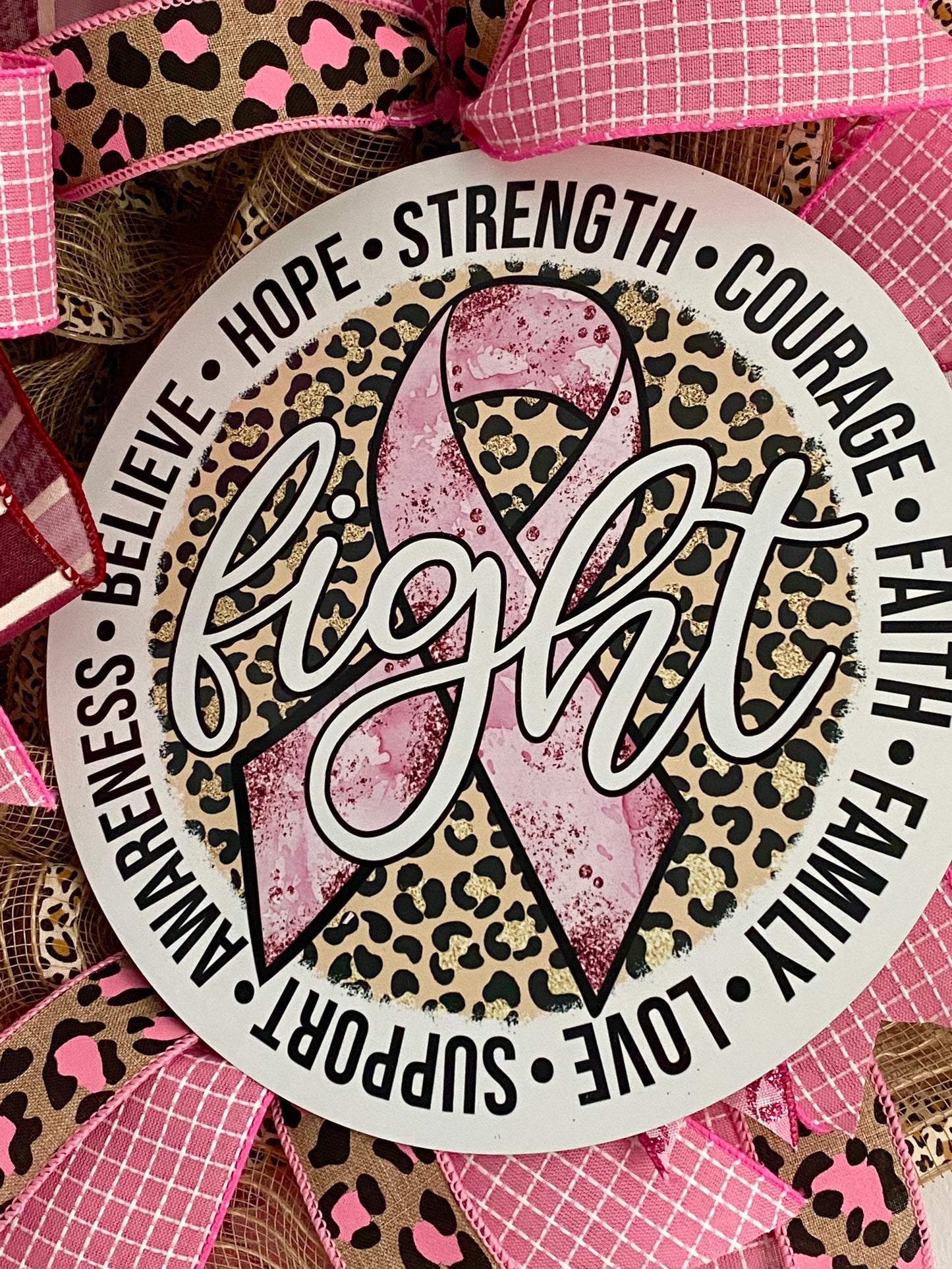 Breast Cancer Awareness Pink Wreath, Cancer Fighter Warrior Survivor Gift, Pink Cheetah Fight Cancer Hope Door Decor